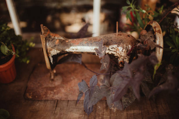 Old sewing machine on front porch with potted plant decorations