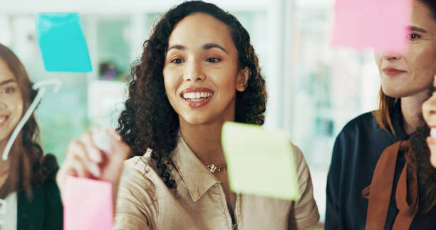 istock Writing, scrum and teamwork with business woman in office for schedule, brainstorming and task progress. Meeting, timeline and workshop with people for sticky note, training and moodboard planning 2199485796