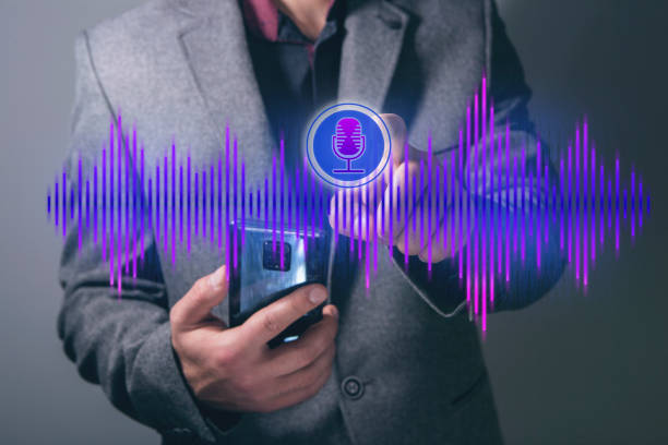 istock Audio track and microphone icon. Man tapping on the screen 2199487994