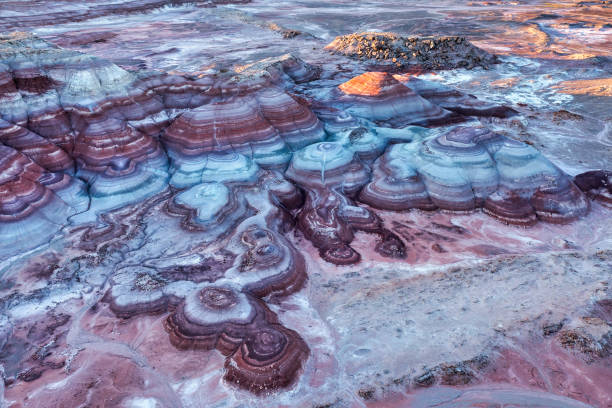 Aerial view of the Bentonite Hills just before sunset