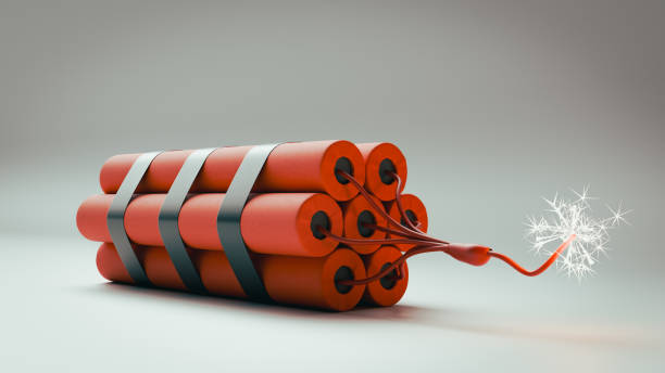 The fuse of the red dynamite is lit and burning. 3d rendering