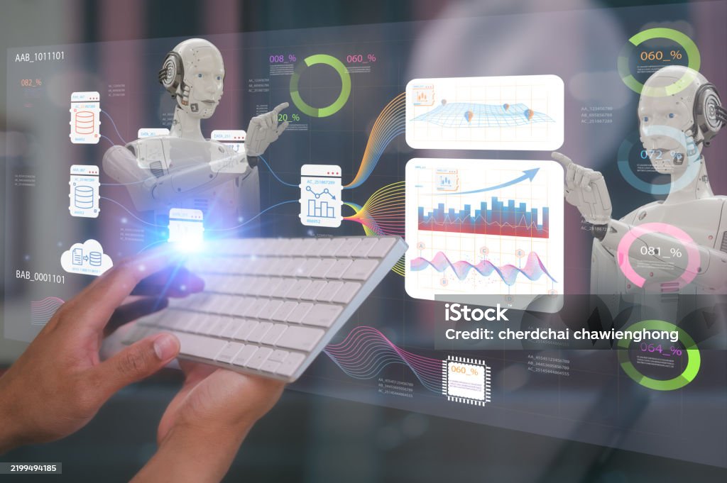 Man Using Wireless Computer Keyboard Working With Robot Ai Input Data ...
