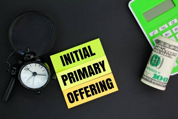 istock calculator, bell clock, calculator and paper money with the words initial primary offering 2199498000