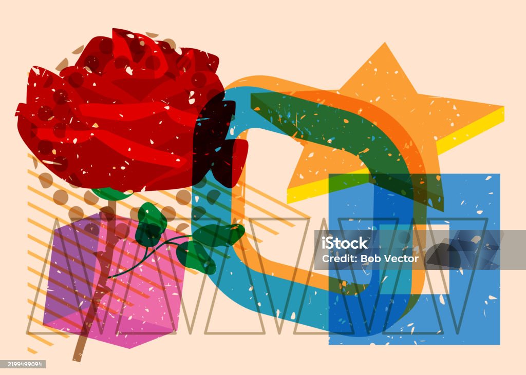 Rose Print Graph Risograph Rose With Geometric Shapes Objects In Trendy Riso Graph Print ...