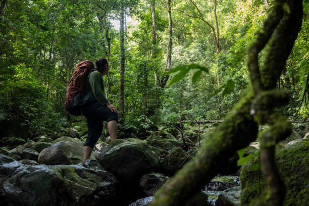 istock Man with backpack walking in the river-Stock Photo 2199505372