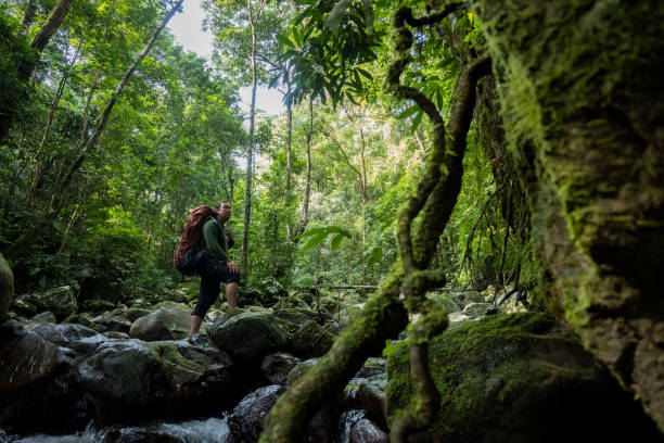 istock Man with backpack walking in the river-Stock Photo 2199505690