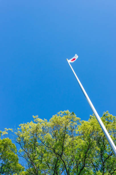 The Japanese flag fluttering in the blue sky