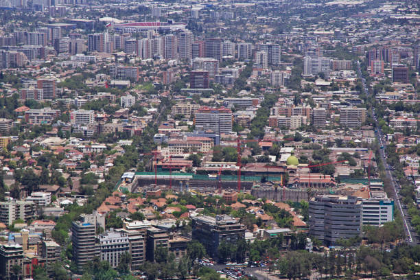 Panoramic view of Santiago from San Cristobal Hill, Chile, South America