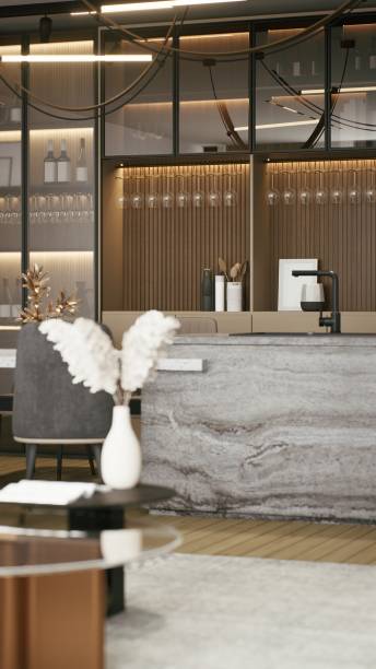 istock A modern reception area featuring marble accents, stylish furniture, and decorative elements, creating a welcoming atmosphere. 3d rendering. 2199526147