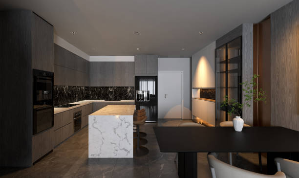 istock A modern kitchen featuring sleek cabinetry, a marble island, and stylish decor, blending functionality with contemporary design elements. 3d rendering room interior. 2199527101