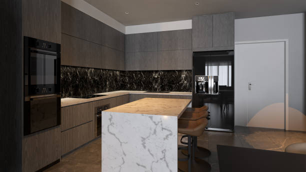 istock A modern kitchen featuring sleek gray cabinetry, a marbled island, and elegant dark accents, creating a contemporary and functional space. 3d rendering interior apartment. 2199527282