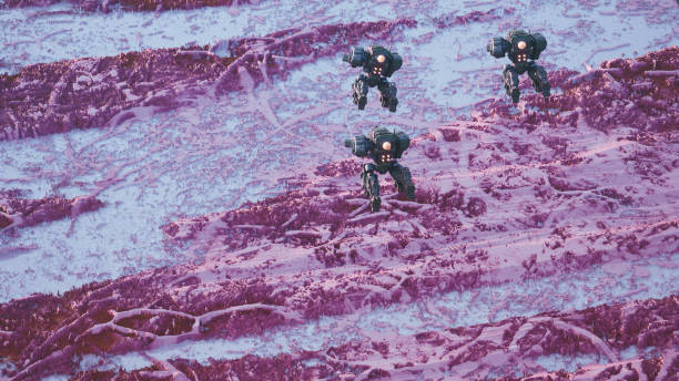 3d render three sci-fi mech soldiers on jet engine fly in the air exploring an alien planet.