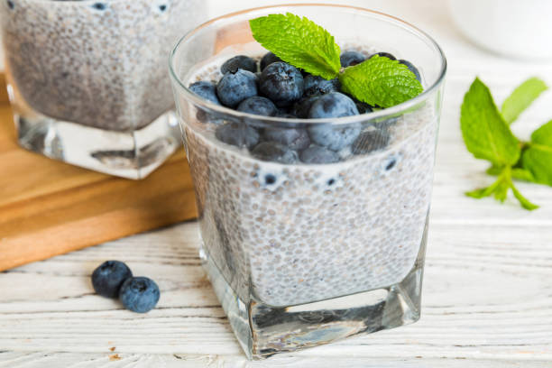 istock Healthy breakfast or morning with chia seeds vanilla pudding and blueberry berries on table background, vegetarian food, diet and health concept. Chia pudding with coconut milk and blueberry 2199538812