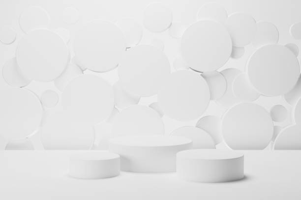 istock Set of three white round podiums on abstract stage mockup. Soft shining flying circles decor. Template 3D illustration gentle airy urban  scene for presentation cosmetic products, goods, branding. 2199540800