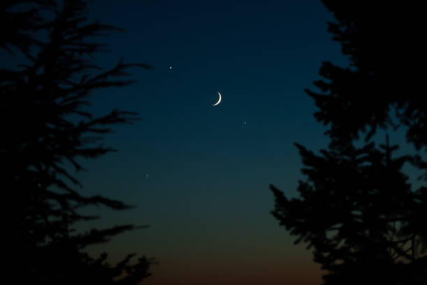 istock Crescent Moon, stars, planet conjunction and landscape scenery silhouettes. 2199545600