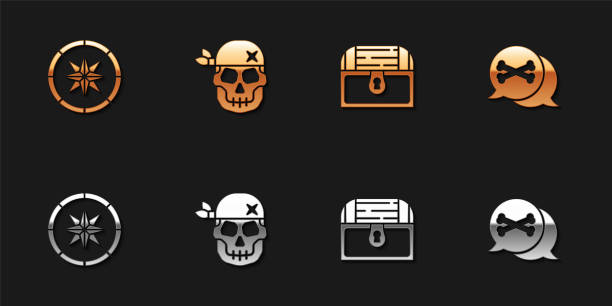 Set Compass, Skull, Antique treasure chest and Location pirate icon. Vector Set Compass, Skull, Antique treasure chest and Location pirate icon. Vector. clip art of a dead rose stock illustrations
