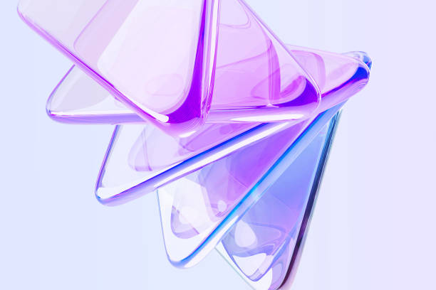 istock Abstract 3d background with crystal glass transparent triangle plate shapes, rainbow light flare effect, prism refraction. Holographic gradient triangular pattern, render tech banner 2199552292