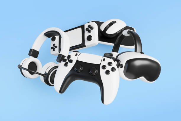 istock 3d video games on blue background. Flying joystick, vr glasses, headphones, game console and computer mouse. Realistic render of electronic gamer gadgets, digital technology banner 2199552293