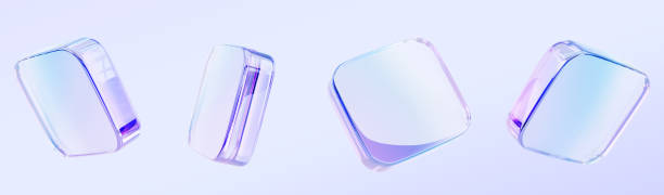 istock Holographic iridescent glass square plate shapes 3d render icon set. Isolated pearlescent rainbow cube block in pastel colors with crystal light prism effect, hologram neon gradient 2199552314