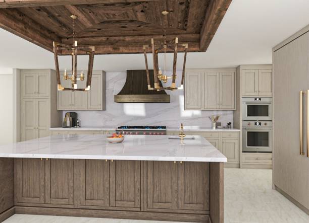 istock Modern Kitchen Design with Marble Island and Wooden Ceiling Accents 2199553707