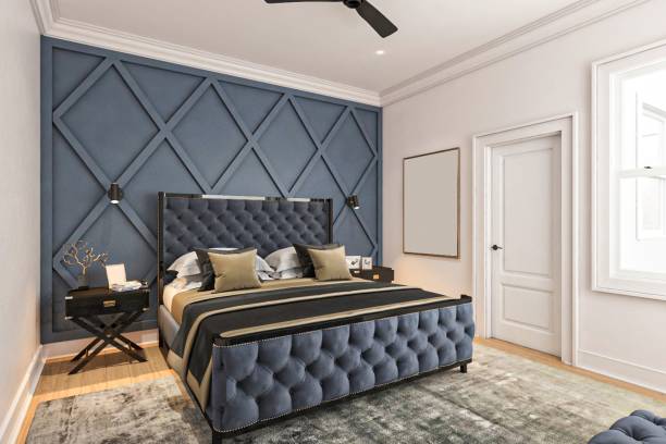 Modern Bedroom Interior Design with Blue Accents and Stylish Decor