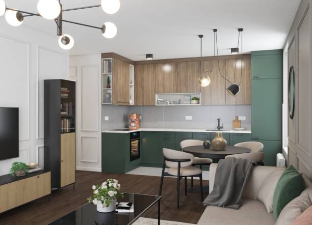 Modern Open-Concept Living Room and Kitchen Interior Design With Green Accents