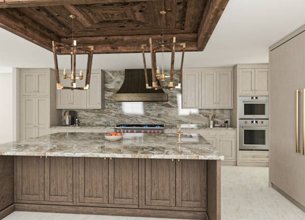 istock Elegant Modern Kitchen Design with Marble Countertop and Stylish Wooden Ceiling 2199554119