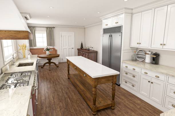 istock Modern Kitchen Interior with Wooden Floor and Stylish Appliances 2199554136
