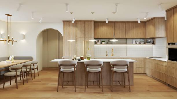 istock Modern Wooden Kitchen Design With Elegant Details and Comfortable Seating 2199554450