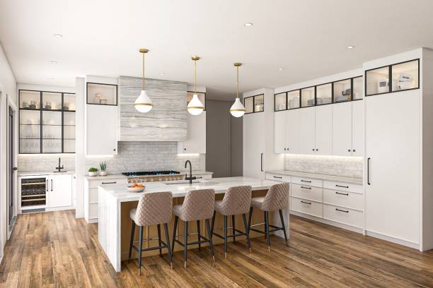 Modern White Kitchen Design with Island and Pendant Lighting