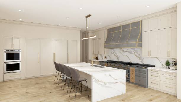 istock Modern Spacious Kitchen with Marble Island and Stylish Appliances 2199554577