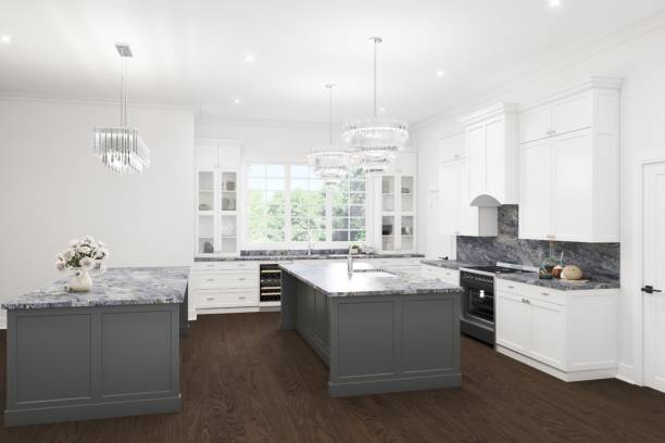 istock Modern Kitchen Interior Featuring Dark Island and Bright White Cabinetry 2199554822