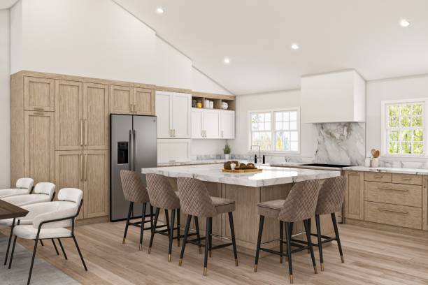 istock Modern Kitchen Design with Wooden Cabinets and Marble Countertops 2199554848