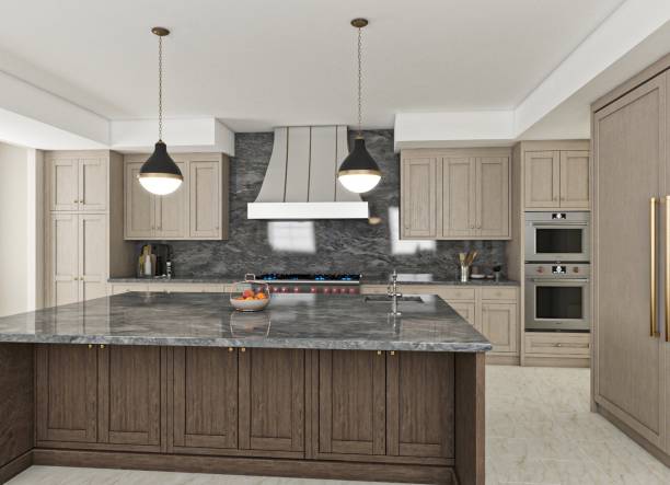 istock Modern Kitchen With Spacious Marble Countertop and Elegant Lighting Fixtures 2199555014