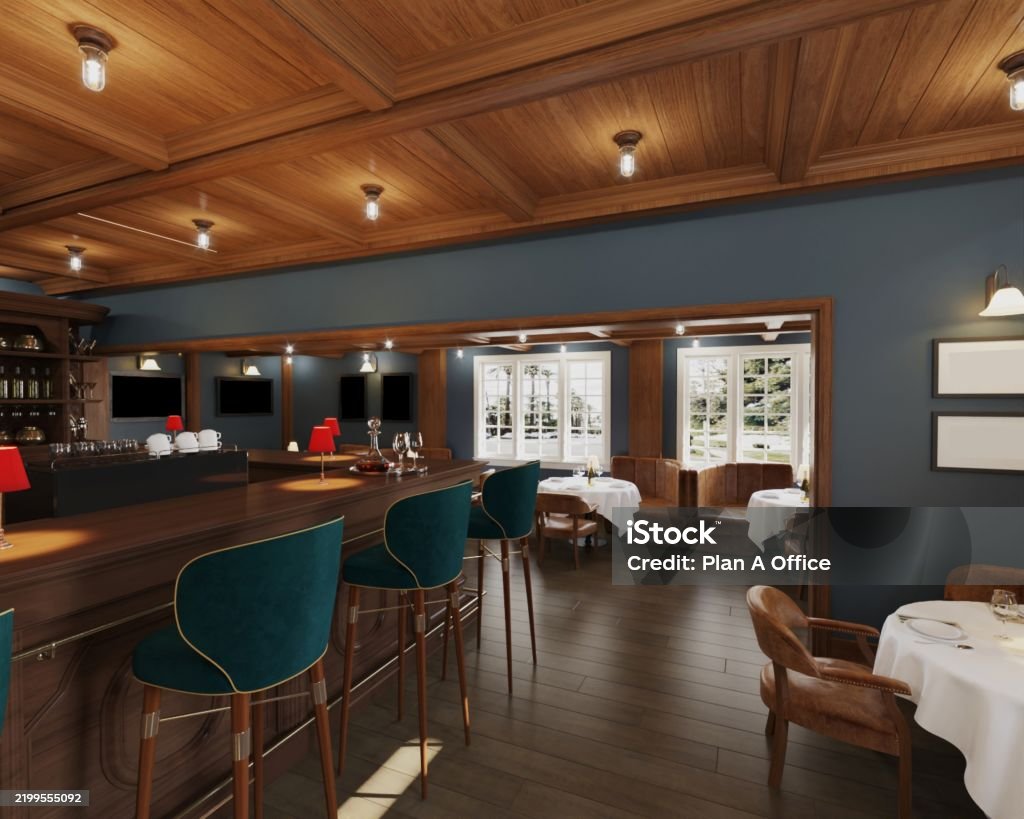 Cozy Bar And Restaurant Interior With Wooden Features And Elegant Decor ...