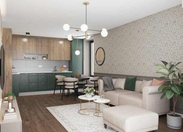 istock Modern Scandinavian Living Room and Kitchen Interior With Natural Elements 2199555254