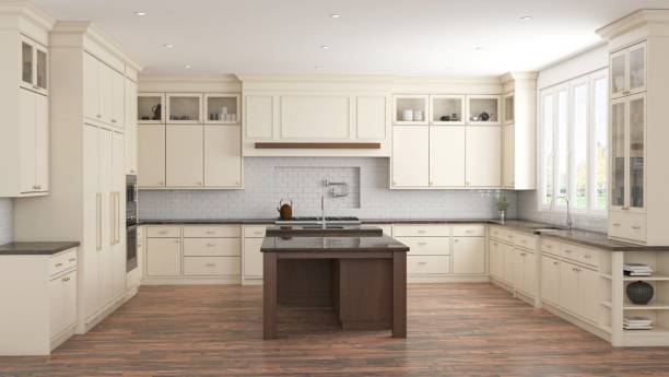istock Spacious Modern Kitchen with Cream Cabinetry and Central Island 2199555369