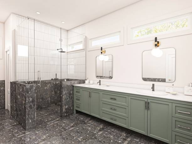 Modern Bathroom with Glass Shower and Green Vanity Design
