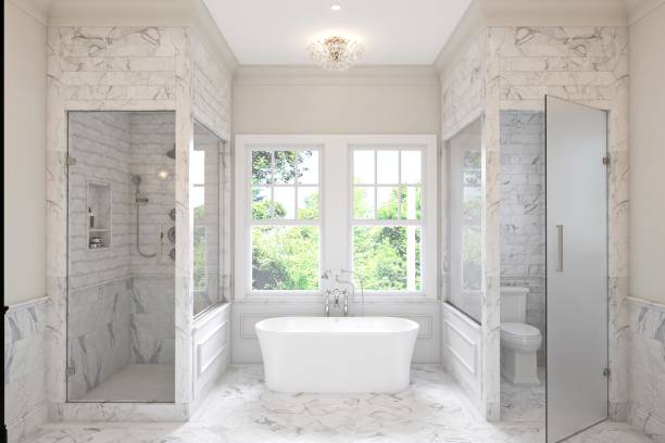 istock Luxurious Contemporary Bathroom with Marble Elements and a Freestanding Tub 2199555524