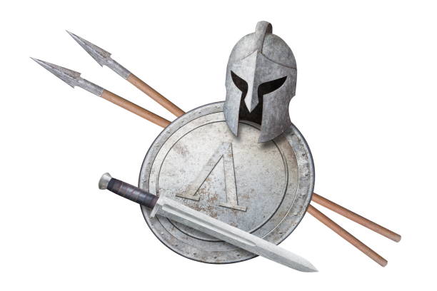 spartan helmet sword round shield and two spears isolated on white