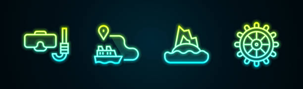 istock Set line Diving mask and snorkel, Ship line path, Tropical island ocean and steering wheel. Glowing neon icon. Vector 2199559073