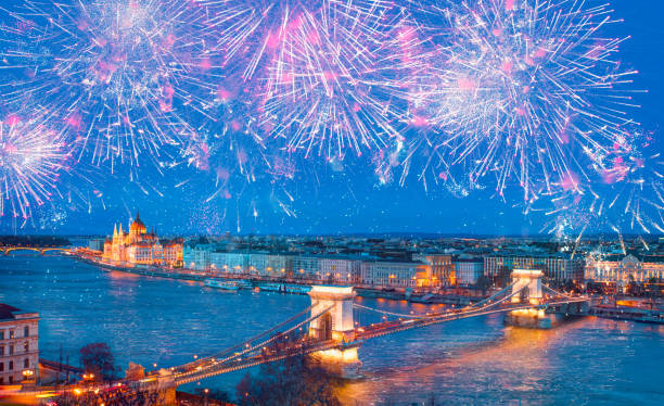 istock Chain bridge at twilight blue hour with fireworks - Budapest, Hungary 2199559975