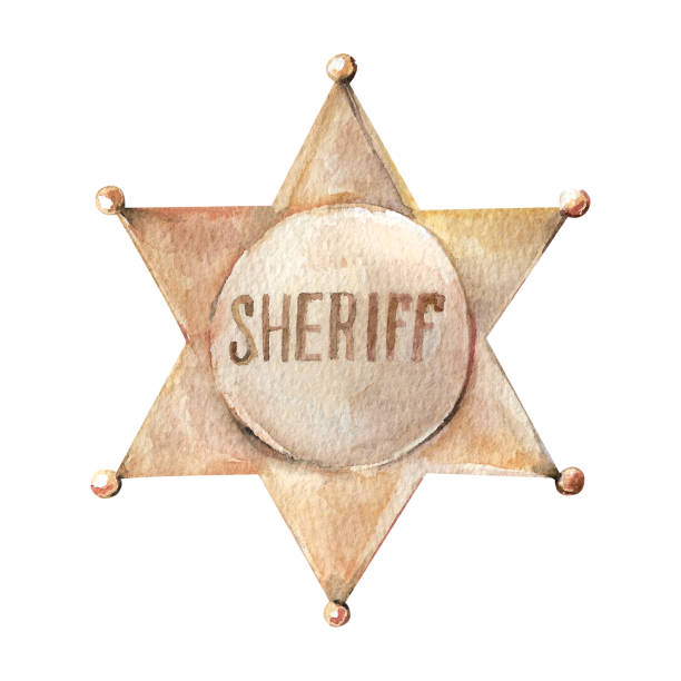 Sheriff's badge. Six-pointed golden wild west police star hand painted watercolor illustration isolated on white background. Vintage object for cards design, invitations, western cowboy party