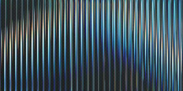 istock 3d transparent ribbed glass background with refraction and holographic effect. Reeded glass with rainbow gradient. Render of corrugated wall with overlay reflection light on dark. 3d vector background 2199562531