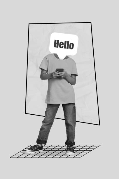 istock Photo collage artwork minimal picture of boy typing message modern gadget hello instead head isolated drawing background 2199562737