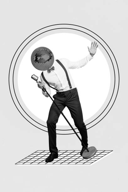 istock Vertical collage picture of singer performer guy disco ball instead head vintage microphone isolated on drawing yellow background 2199562825