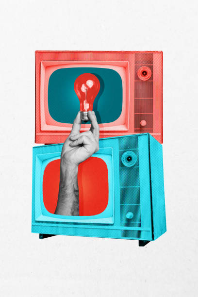 istock Creative composite sketch design artwork collage of obsolete technology retro television display hand hold idea electric bulb broadcasting 2199563315