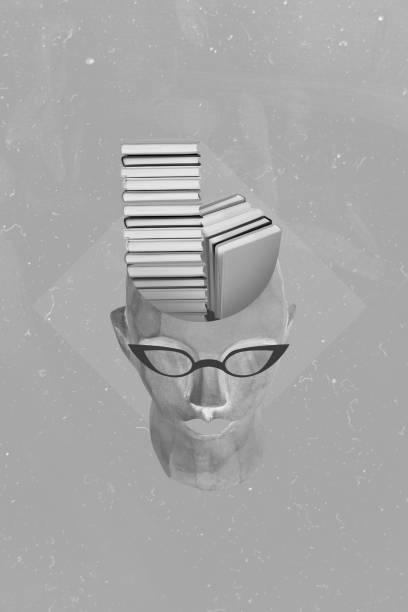 Collage artwork photo of head empty skull brainstorming book inside head 3d concept smart person silhouette isolated on orange color background.