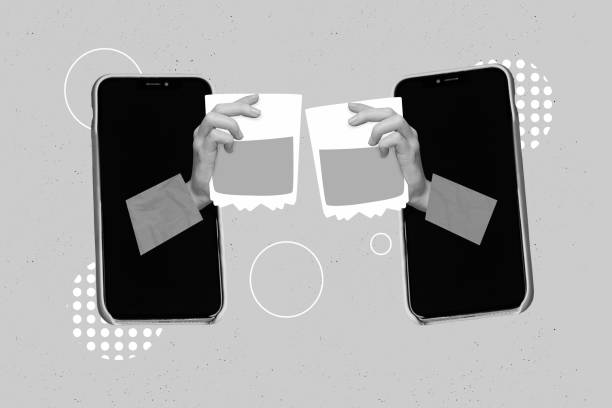 istock Collage photo artwork of two smartphone displays touch screen modern technology online call virtual cheers glass beer isolated on khaki background 2199563406