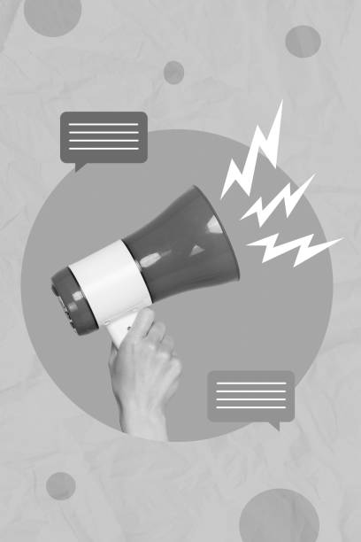 istock Photo creative collage artwork of hand holding megaphone noise screaming information message comment attention isolated on blue color background 2199563444